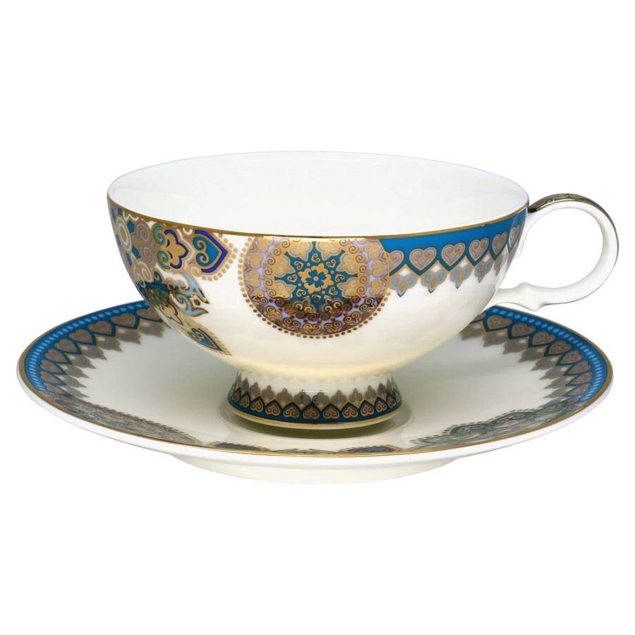 Сервиз чайный Empire Туркуаз на 6 персон 15 предметов, фарфор твердый, золотая деколь, бирюзовый,п/к