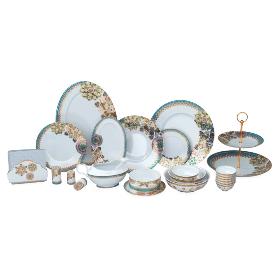 Сервиз столовый Empire Туркуаз на 6 персон 98 предметов, фарфор, золотая деколь, бирюзовый, п/к