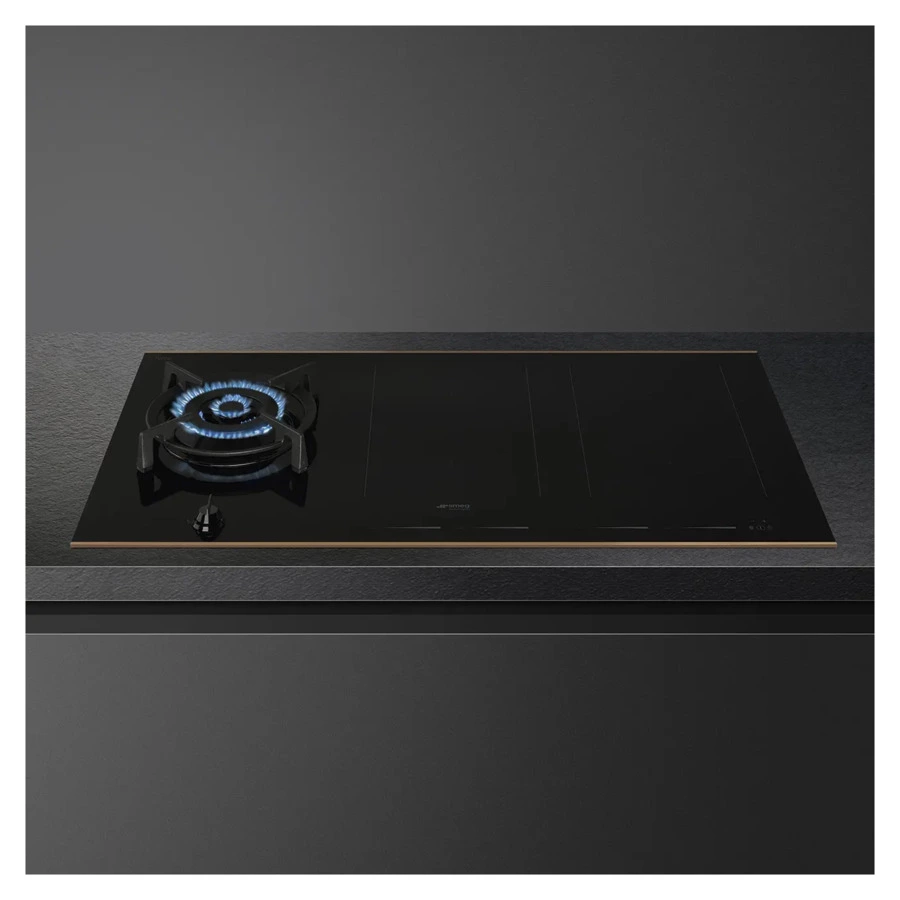 Варочная панель газ+индукция SMEG PM6954R 90 см, стекло Eclipse, медный профиль