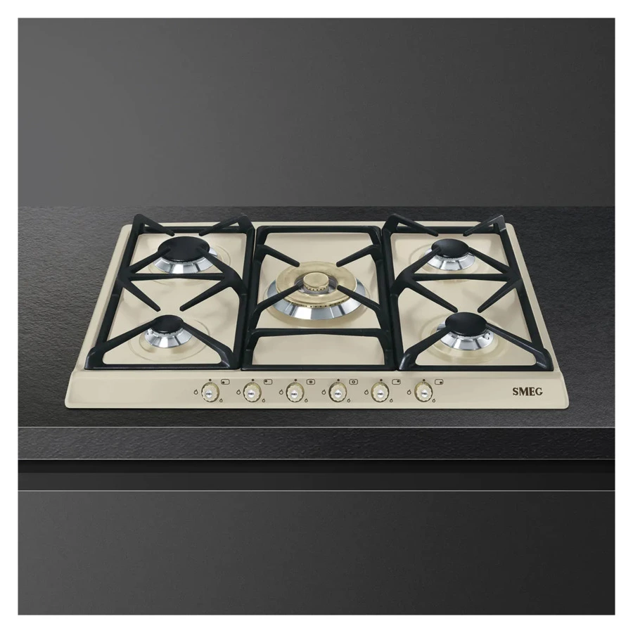 Варочная панель газовая SMEG SR775PO Cortina 70 см, кремовая, фурнитура латунная