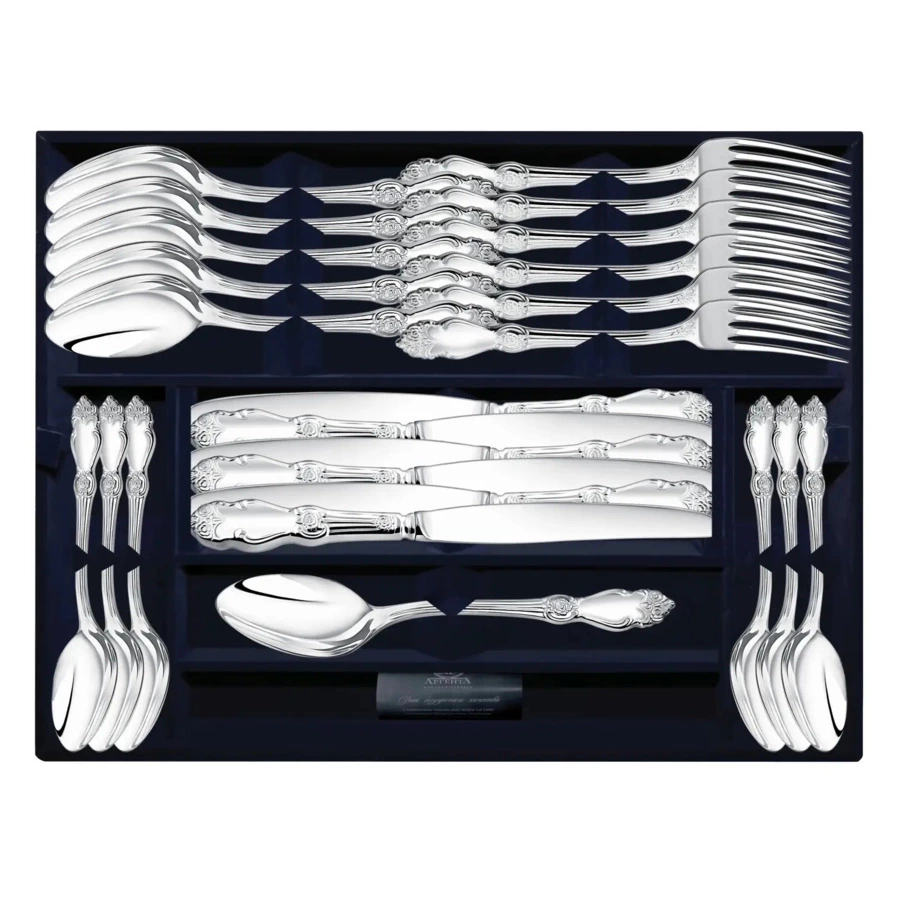 Набор столовых приборов в футляре АргентА Серебряная роза на 6 персон 24 предмета 1513,81 г, серебро