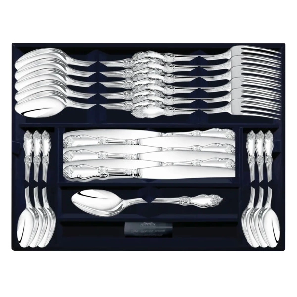 Набор столовых приборов в футляре АргентА Серебряная роза на 6 персон 24 предмета 1516,59 г, серебро
