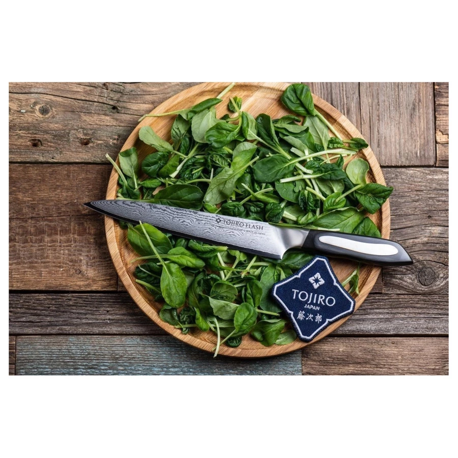 Нож для тонкой нарезки TOJIRO Flash 21 см, сталь VG10, 63 слоя, рукоять микарта, заточка #10000