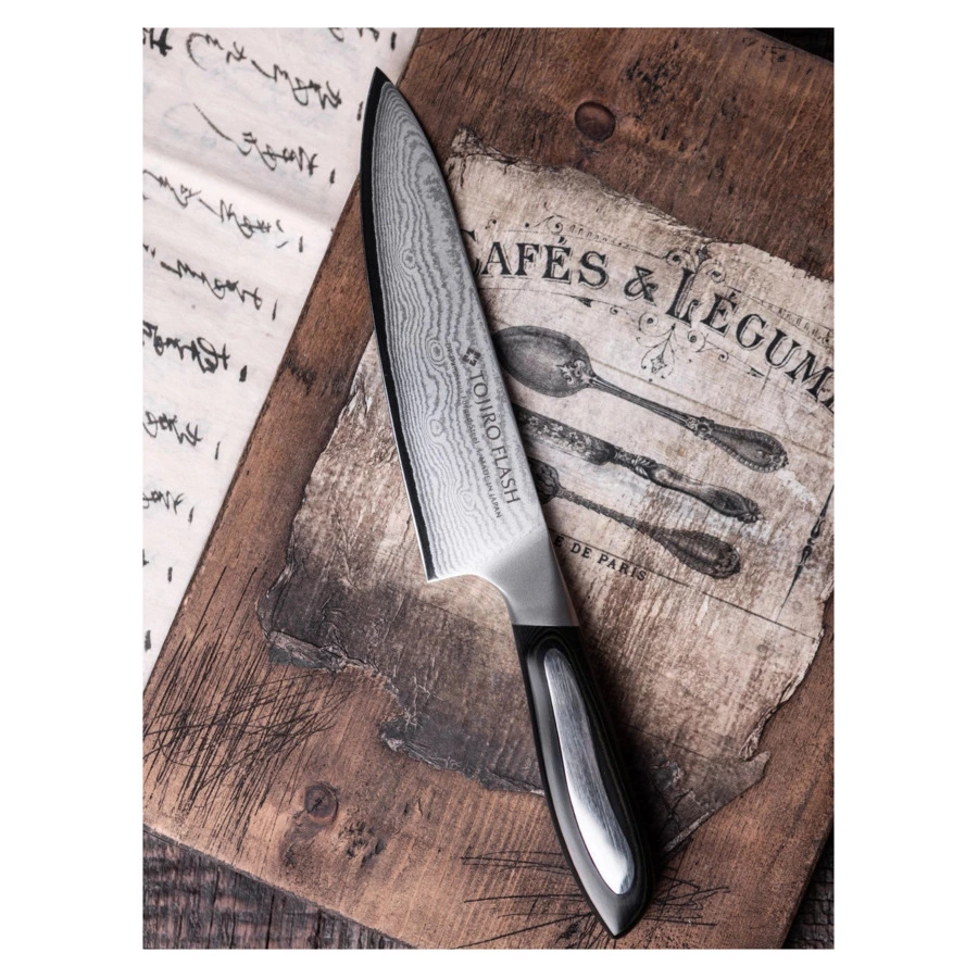 Нож поварской Шеф TOJIRO Flash 21 см, сталь VG10, 63 слоя, рукоять микарта, заточка #10000