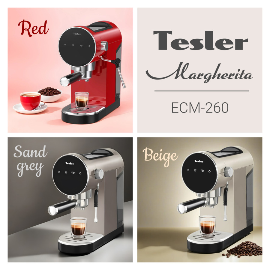 Кофеварка эспрессо рожковая для молотого кофе TESLER ECM-260 RED, капучинатор