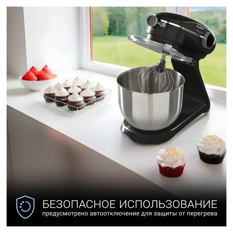 Кухонная машина TESLER KM-1860 BLACK 1800 Вт, стальная чаша 6,5 л, 3 насадки, 10 скоростей