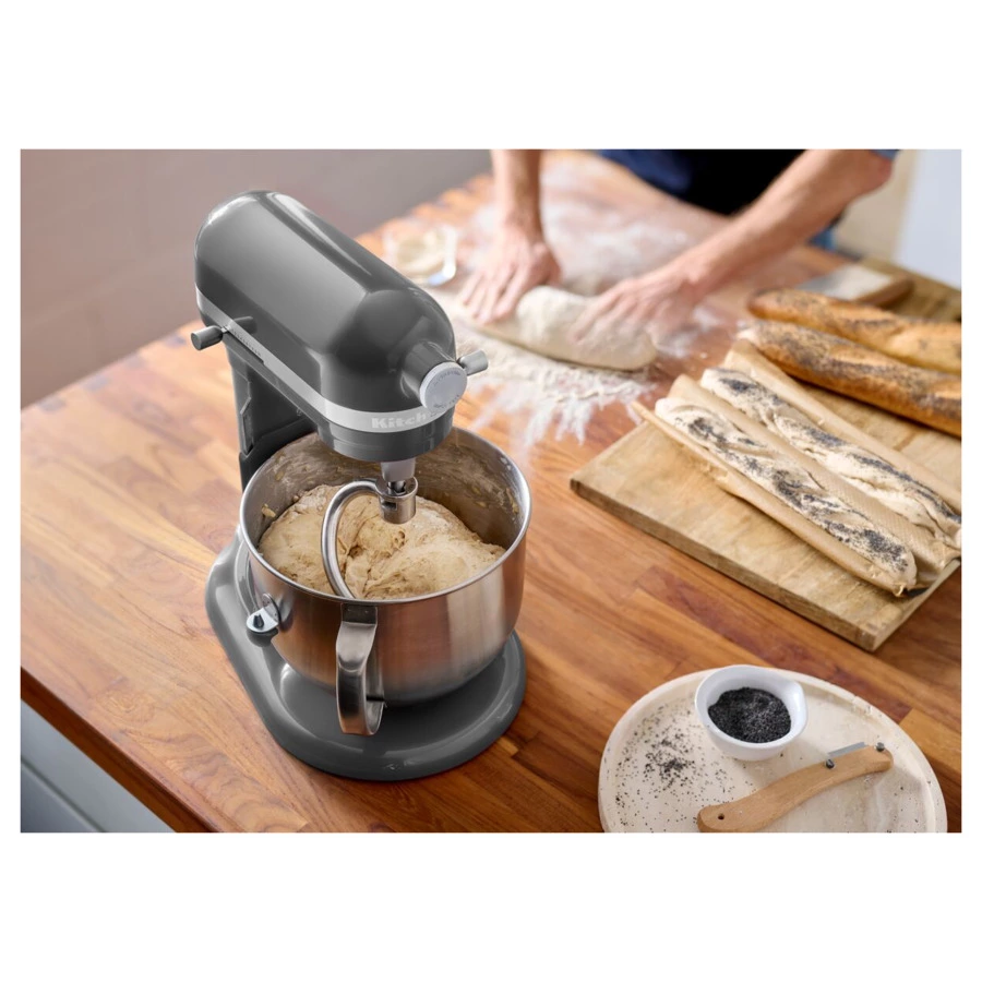 Миксер планетарный KitchenAid Artisan, подъемная чаша 6,6 л, 4 насадки, 5KSM70SHXEMS, серебряный мед