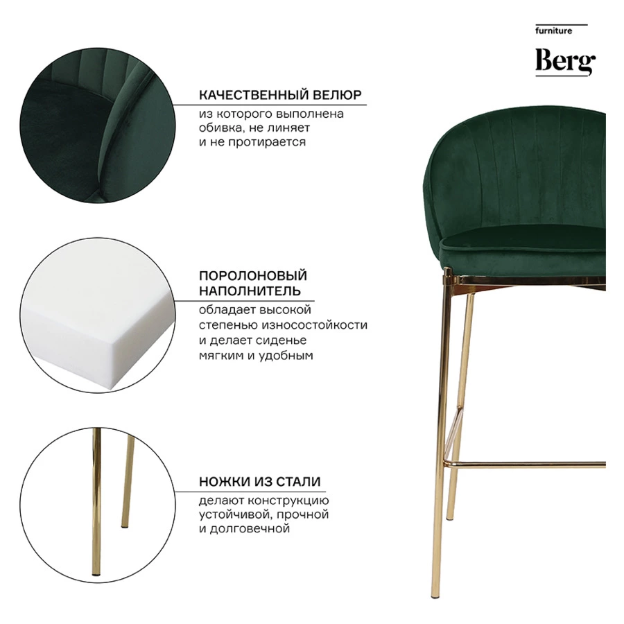 Стул барный Bergenson Bjorn Coral, велюр, темно-зеленый