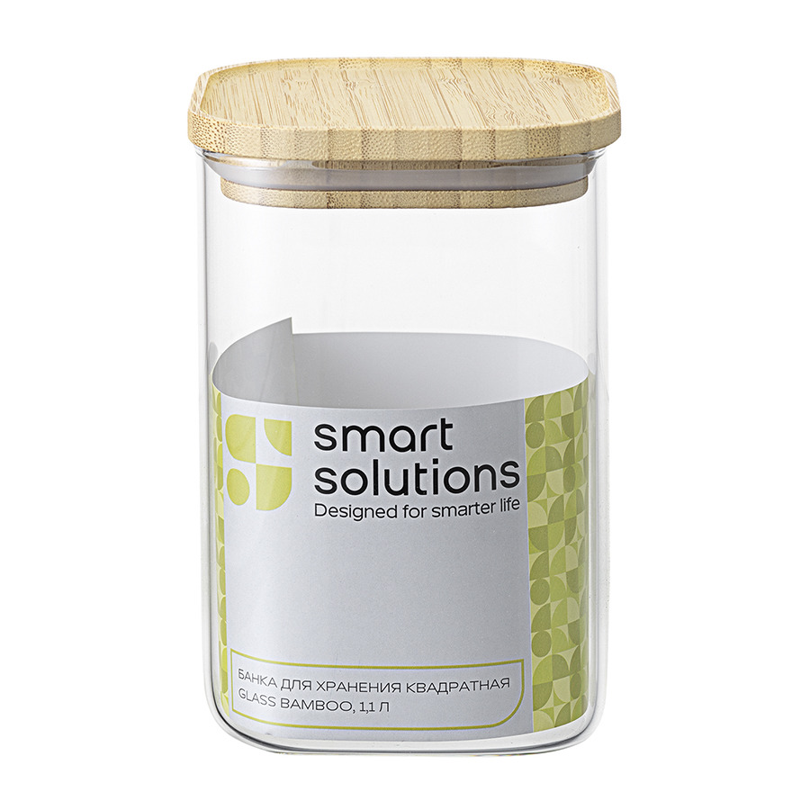 Банка для хранения Smart Solutions Glass Bamboo 1,1 л, квадратная, стекло, крышка бамбук с силиконом