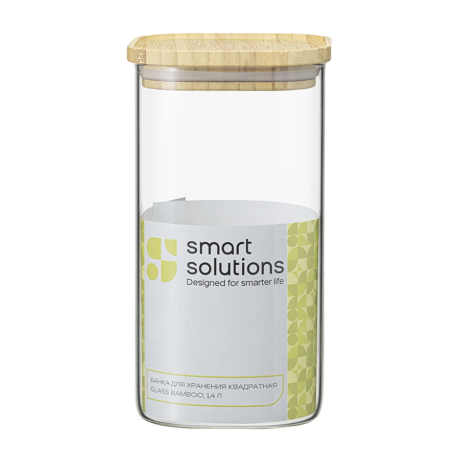 Банка для хранения Smart Solutions Glass Bamboo 1,4 л, квадратная, стекло, крышка бамбук с силиконом