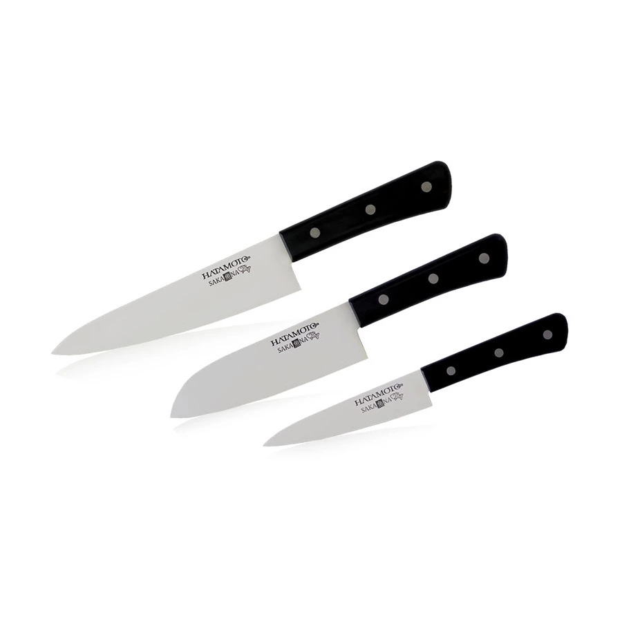 Набор из 3-х ножей Hatamoto SAKANA овощной, Шеф, Сантоку, сталь AUS-8, заточка #8000