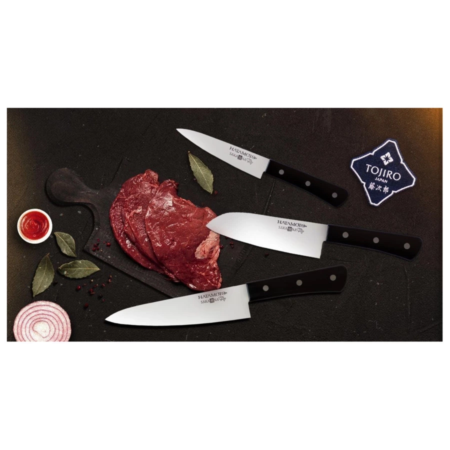 Набор из 3-х ножей Hatamoto SAKANA овощной, Шеф, Сантоку, сталь AUS-8, заточка #8000