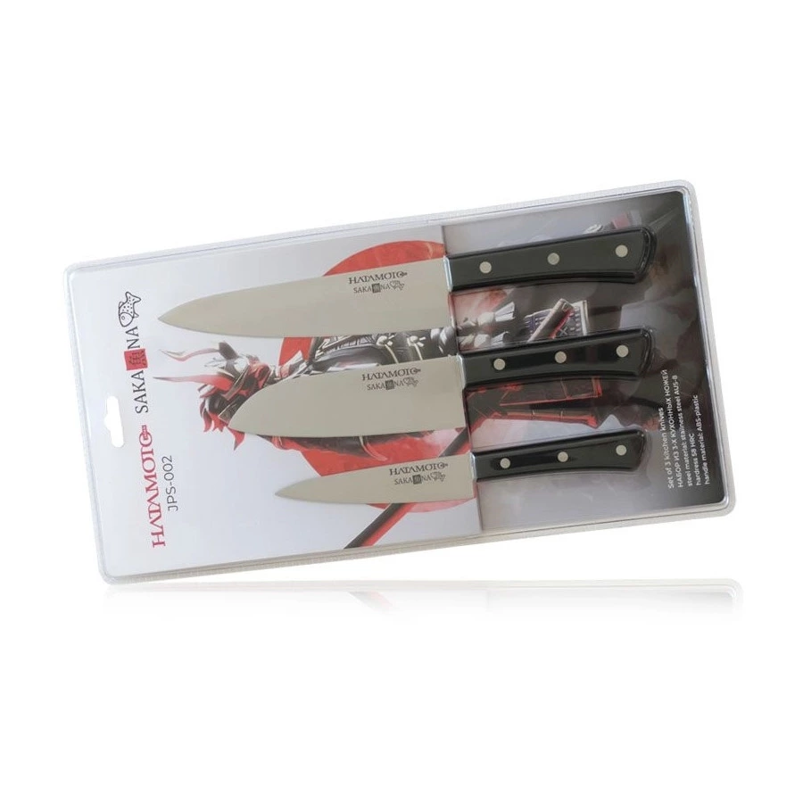 Набор из 3-х ножей Hatamoto SAKANA овощной, Шеф, Сантоку, сталь AUS-8, заточка #8000