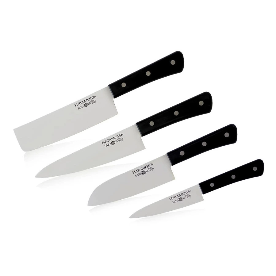 Набор из 4-х ножей Hatamoto SAKANA овощной, Шеф, Сантоку, Накири, сталь AUS-8, заточка #8000