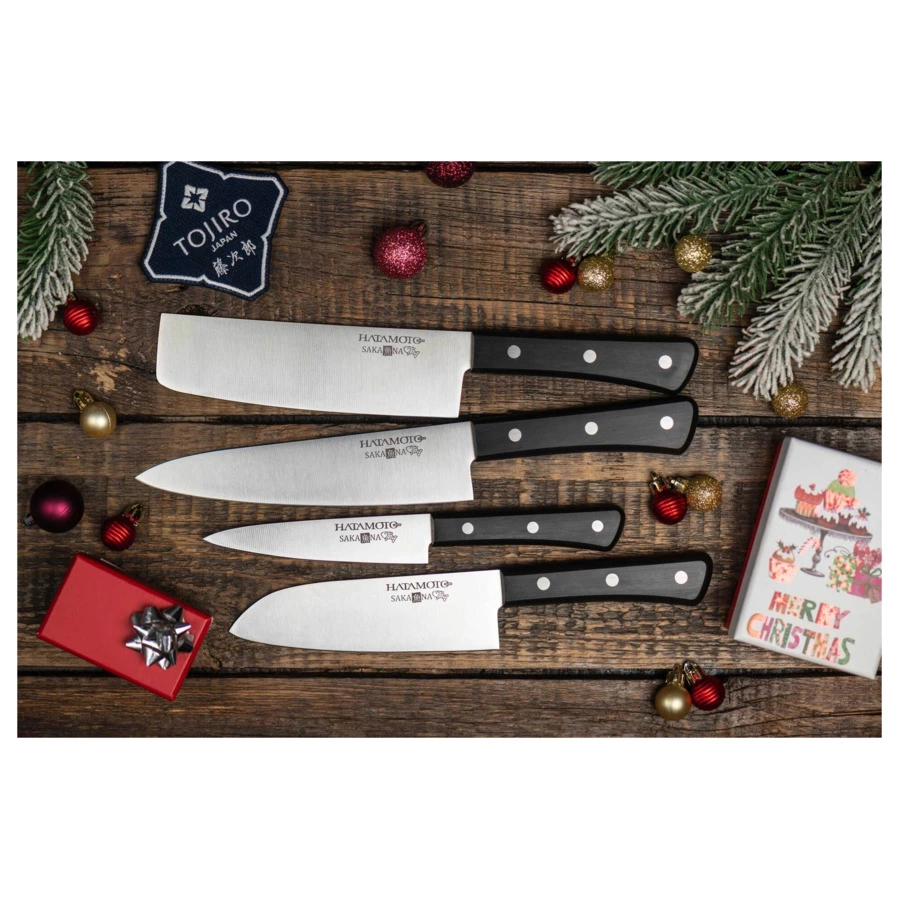 Набор из 4-х ножей Hatamoto SAKANA овощной, Шеф, Сантоку, Накири, сталь AUS-8, заточка #8000