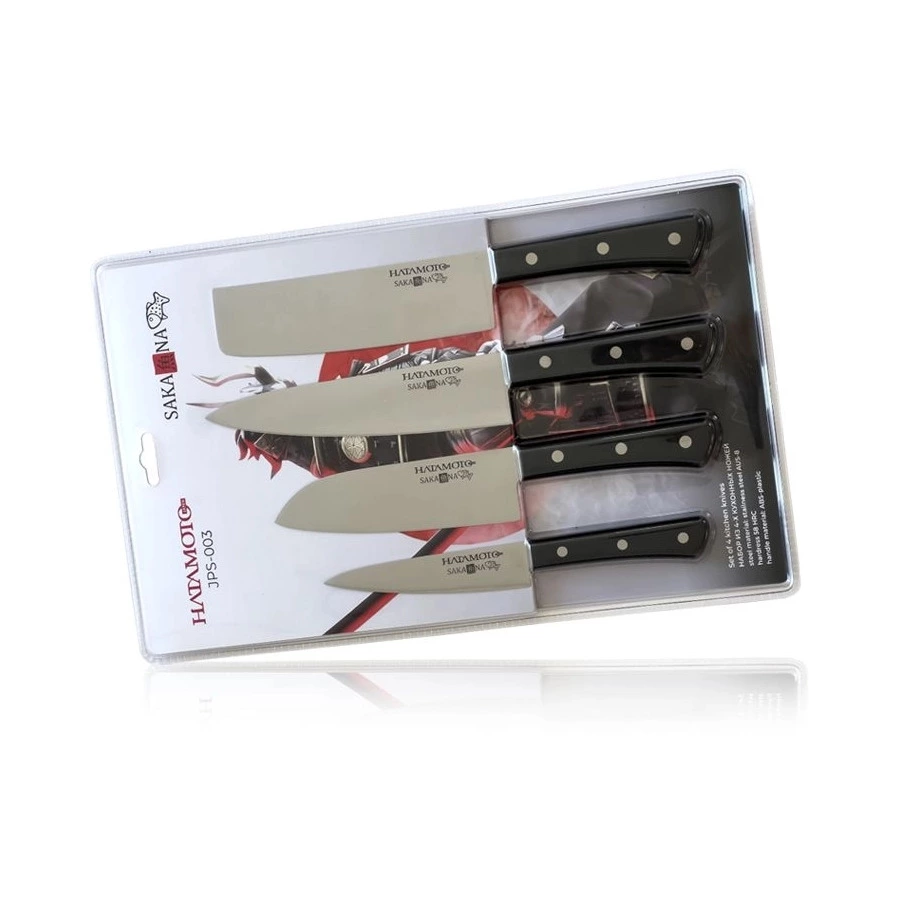 Набор из 4-х ножей Hatamoto SAKANA овощной, Шеф, Сантоку, Накири, сталь AUS-8, заточка #8000