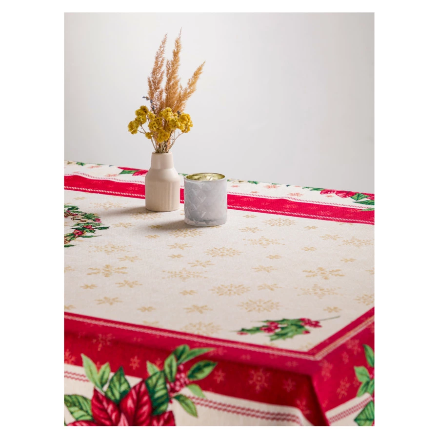 Скатерть прямоугольная Eurotex Зимняя Пуансетия 140х220 см, гобелен, кремовая