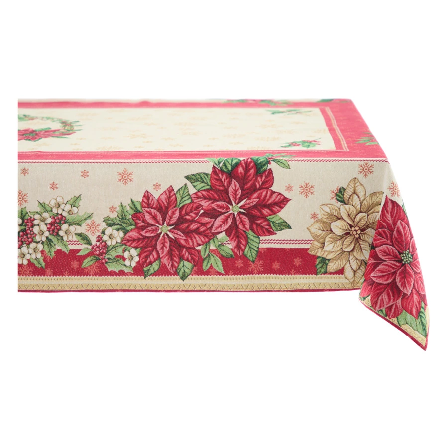 Скатерть прямоугольная Eurotex Зимняя Пуансетия 140х220 см, гобелен, кремовая