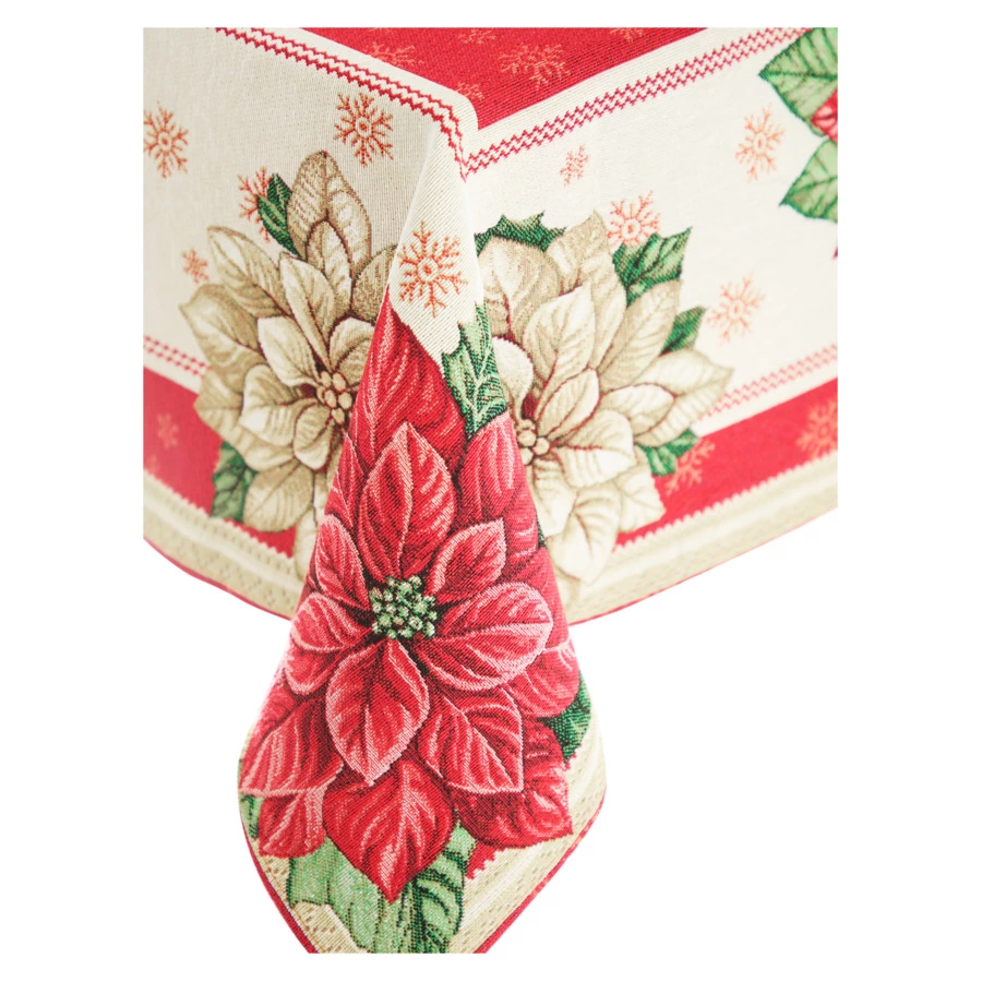 Скатерть прямоугольная Eurotex Зимняя Пуансетия 140х220 см, гобелен, кремовая