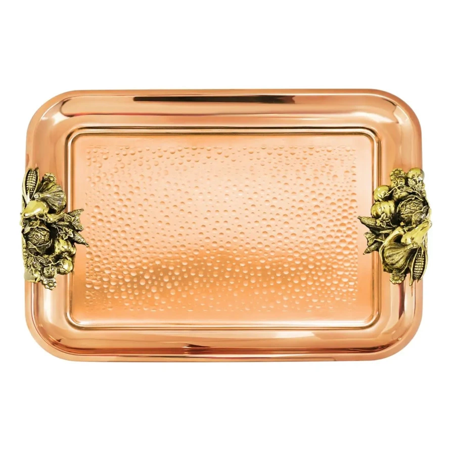 Поднос прямоугольный кованый Кольчугинский мельхиор с накладками Овощи 40х30 см, медь-Sale