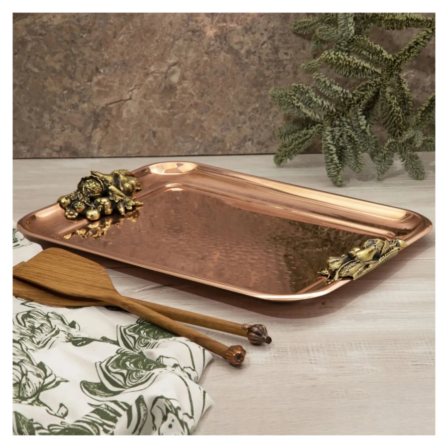 Поднос прямоугольный кованый Кольчугинский мельхиор с накладками Овощи 40х30 см, медь-Sale