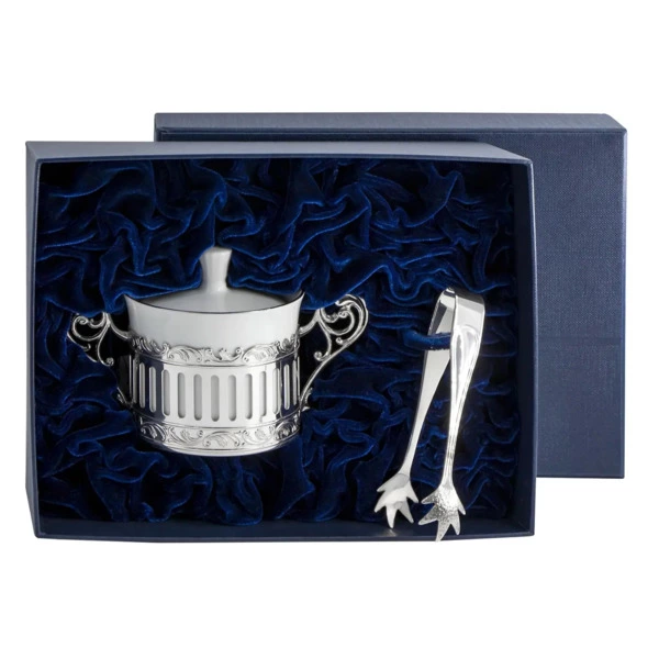 Набор сахарницы с шипцами в футляре АргентА Серебро и Фарфор 94,04 г, серебро 925