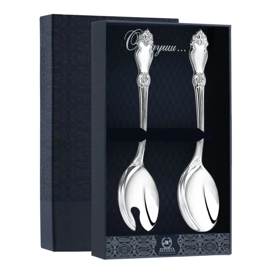 Набор приборов для салата в футляре АргентА Серебряная роза 2 предмета 159,55 г, серебро 925