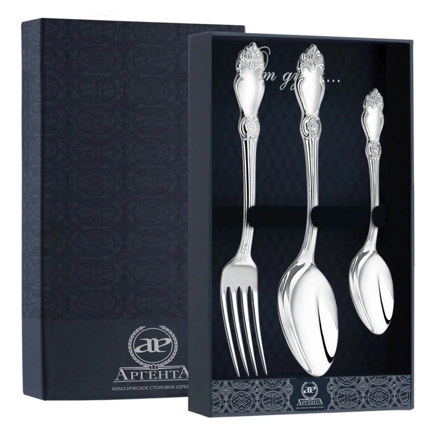 Набор столовых приборов в футляре АргентА Серебряная роза на 167,85 г, 3 предмета, серебро 925