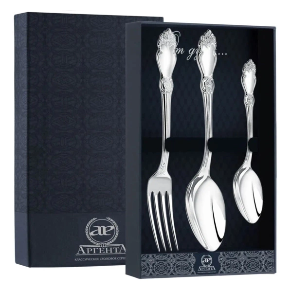 Набор столовых приборов в футляре АргентА Серебряная роза на 167,85 г, 3 предмета, серебро 925