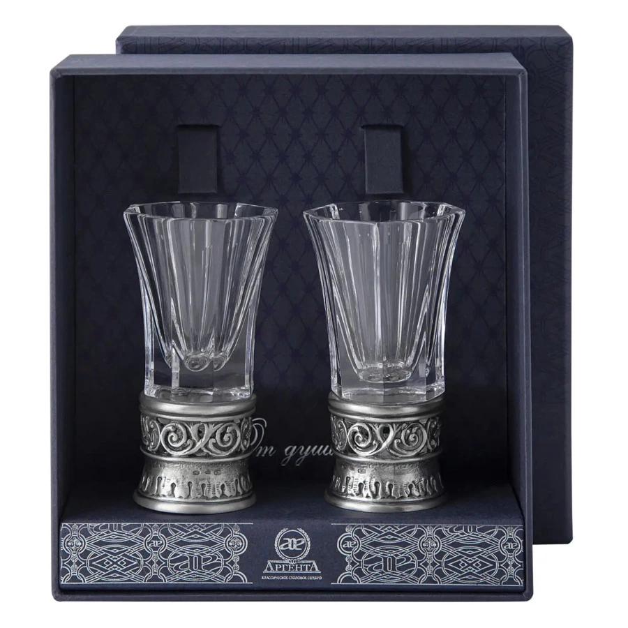 Набор стопок с хрустальной вставкой в футляре АргентА Classic 261,71 г, 2 шт, серебро 925