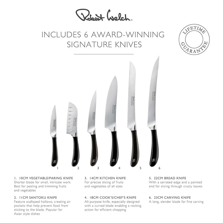 Набор кухонных ножей Robert Welch Signature 6 шт, в подставке из бука