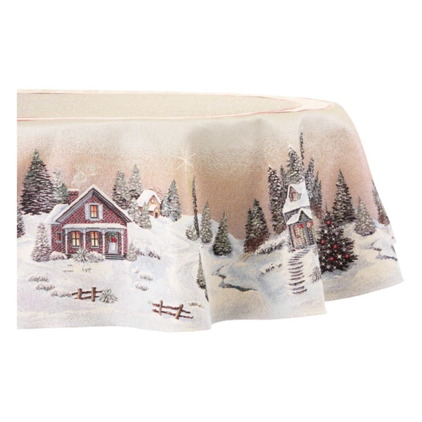 Скатерть овальная Decor de Table Новогодний вечер Снежинки 160х300 см, гобелен, бежевый