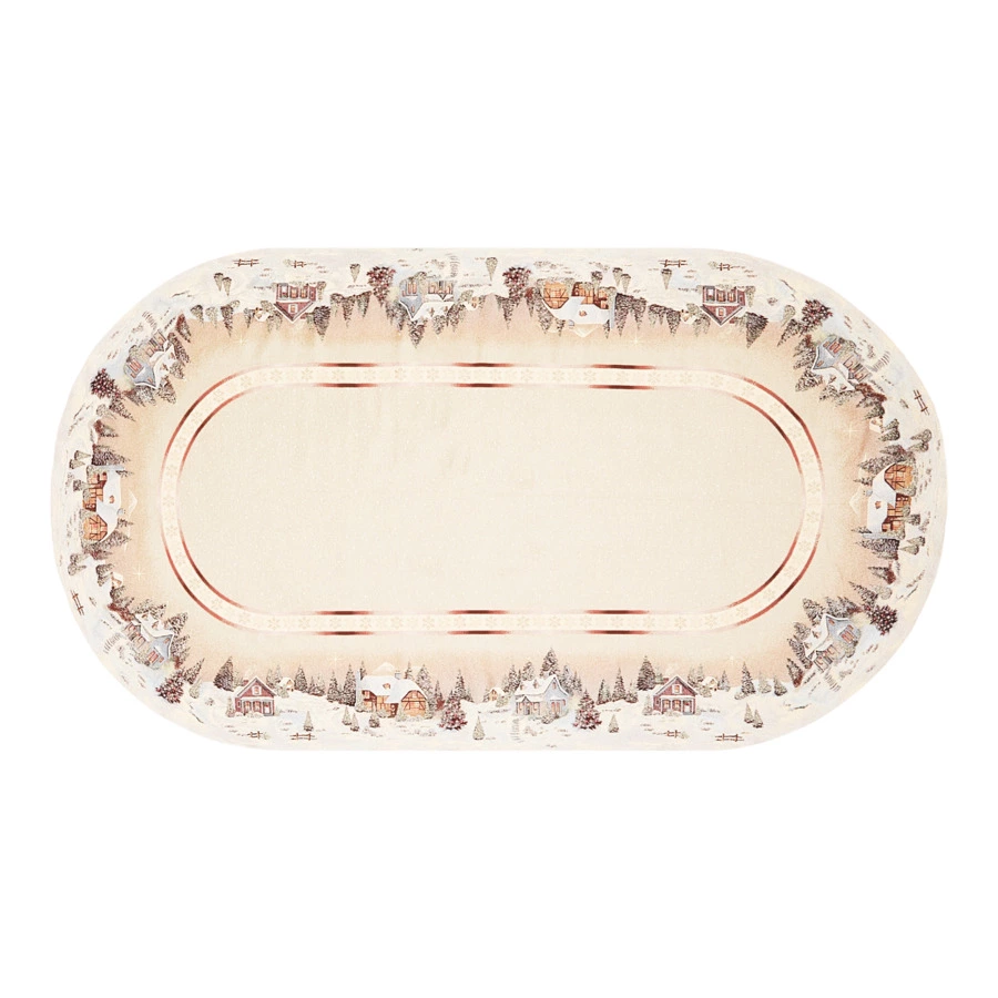 Скатерть овальная Decor de Table Новогодний вечер Снежинки 160х300 см, гобелен, бежевый