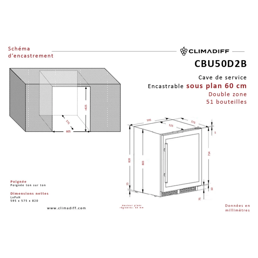 Холодильник винный на 51 бутылку Climadiff CBU50D2B 59,5x82x57,5 см, 2 зоны