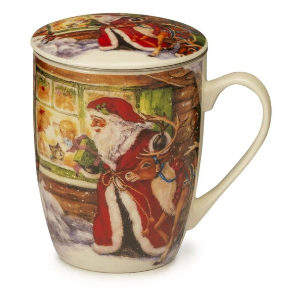 Кружка с ситечком Lamart Noel Санта с оленем 400 мл, красный, фарфор