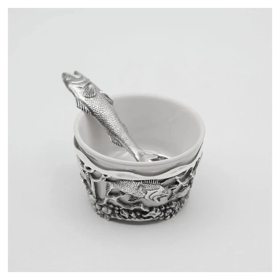 Набор для специй в футляре АргентА серебро 925 и Фарфор Рыба с чернением 69 г, серебро 925