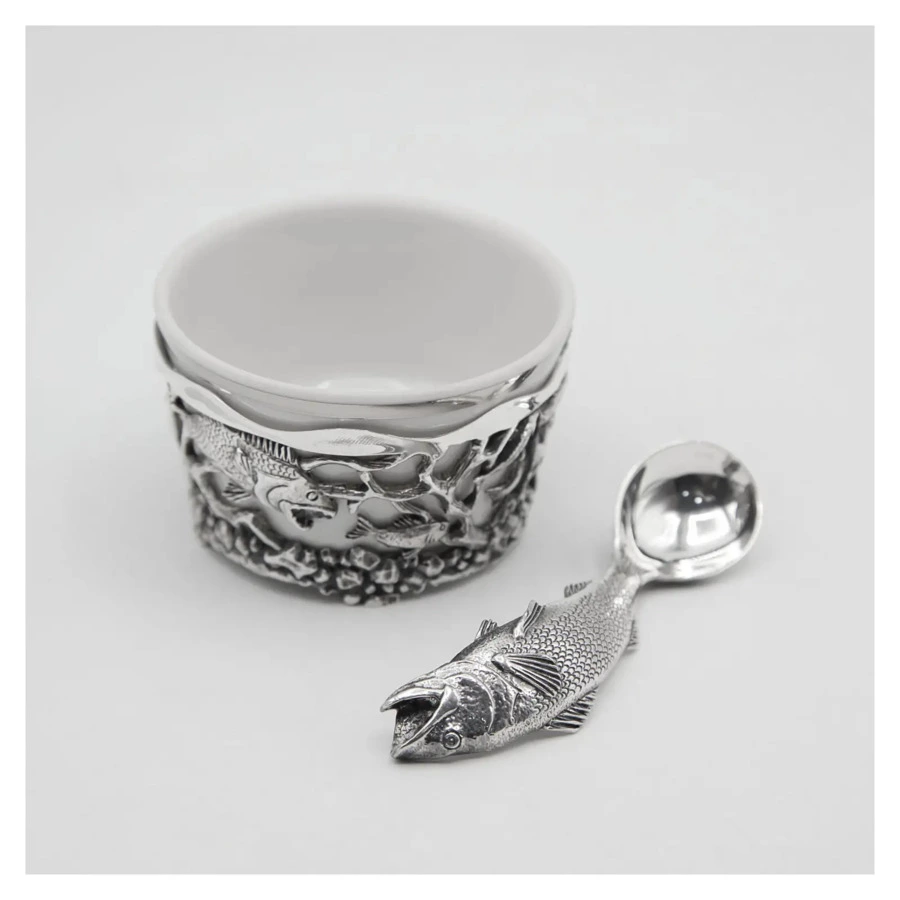 Набор для специй в футляре АргентА серебро 925 и Фарфор Рыба с чернением 69 г, серебро 925