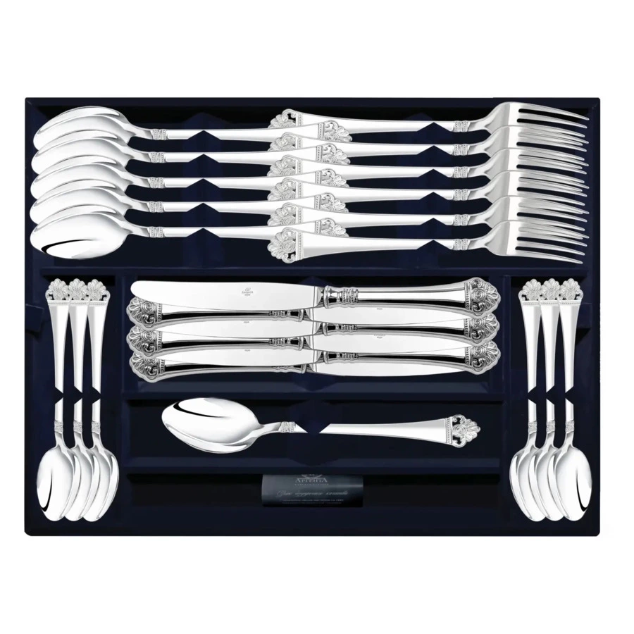 Набор столовых приборов в футляре АргентА Афина 1359,59 г, на 6 персон 24 предмета, серебро 925