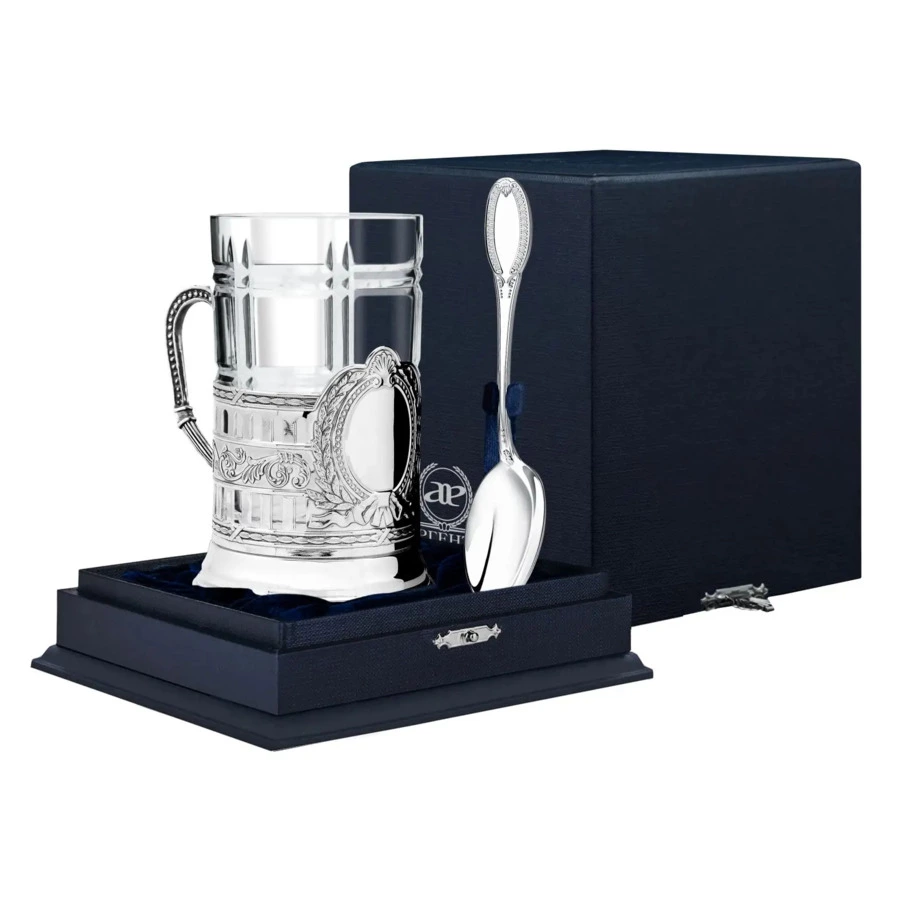 Набор чайный в футляре АргентА Гербовый, ложка, стакан, подстаканник 145,74 г, серебро 925
