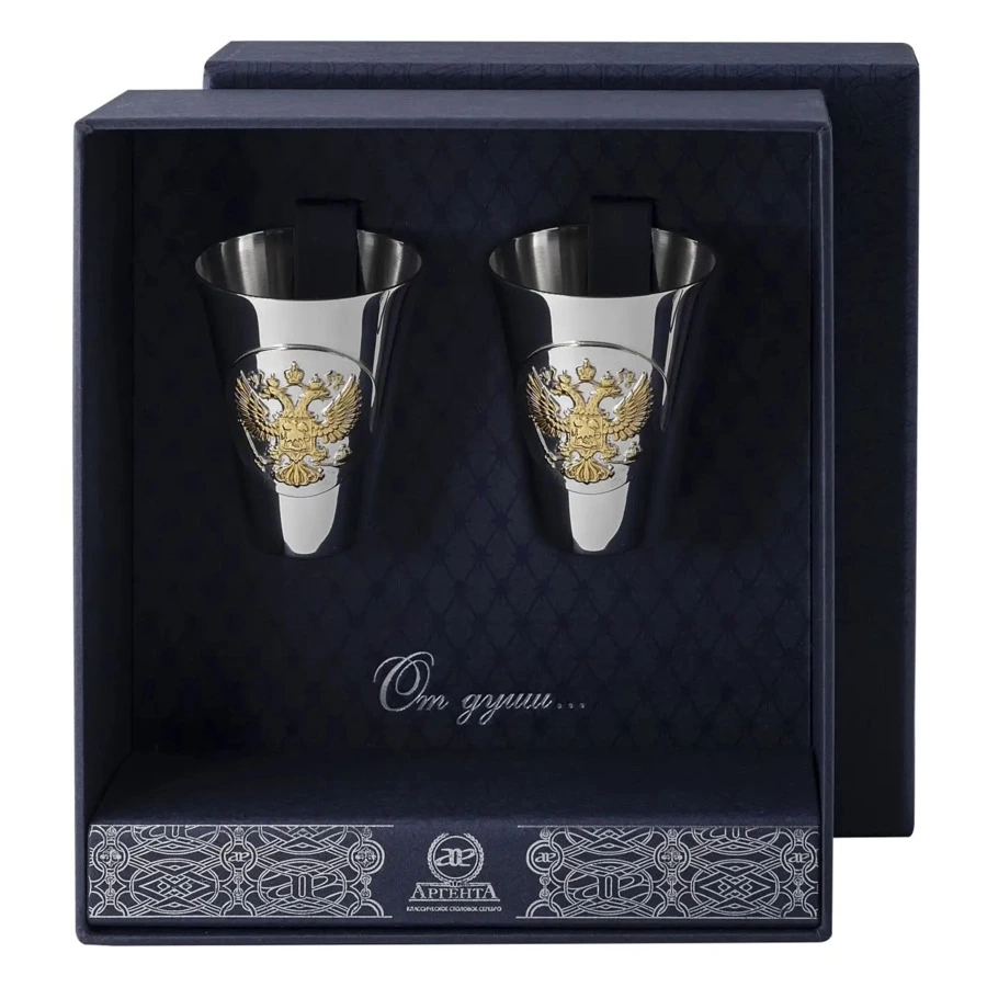 Набор стопок в футляре АргентА Classic Герб 71,75 г, 2 шт, серебро 925, частичное позолочение