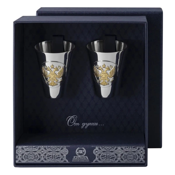 Набор стопок в футляре АргентА Classic Герб 71,75 г, 2 шт, серебро 925, частичное позолочение