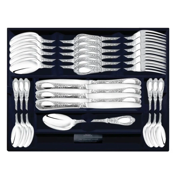 Набор столовых приборов в футляре АргентА Фамильный 2108,14 г, на 6 персон 24 предмета, серебро 925
