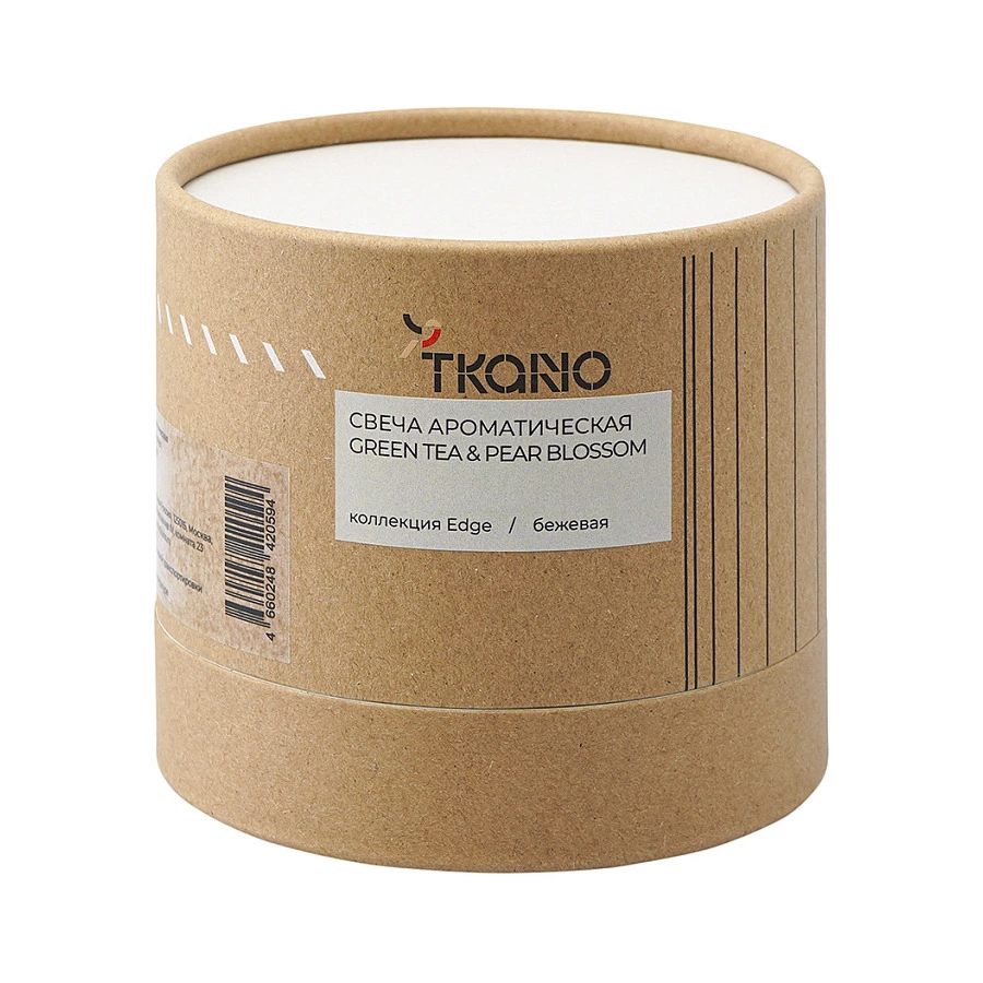 Свеча ароматическая с деревянным фитилем Tkano Edge Green tea & Pear blossom 60 часов, бежевая
