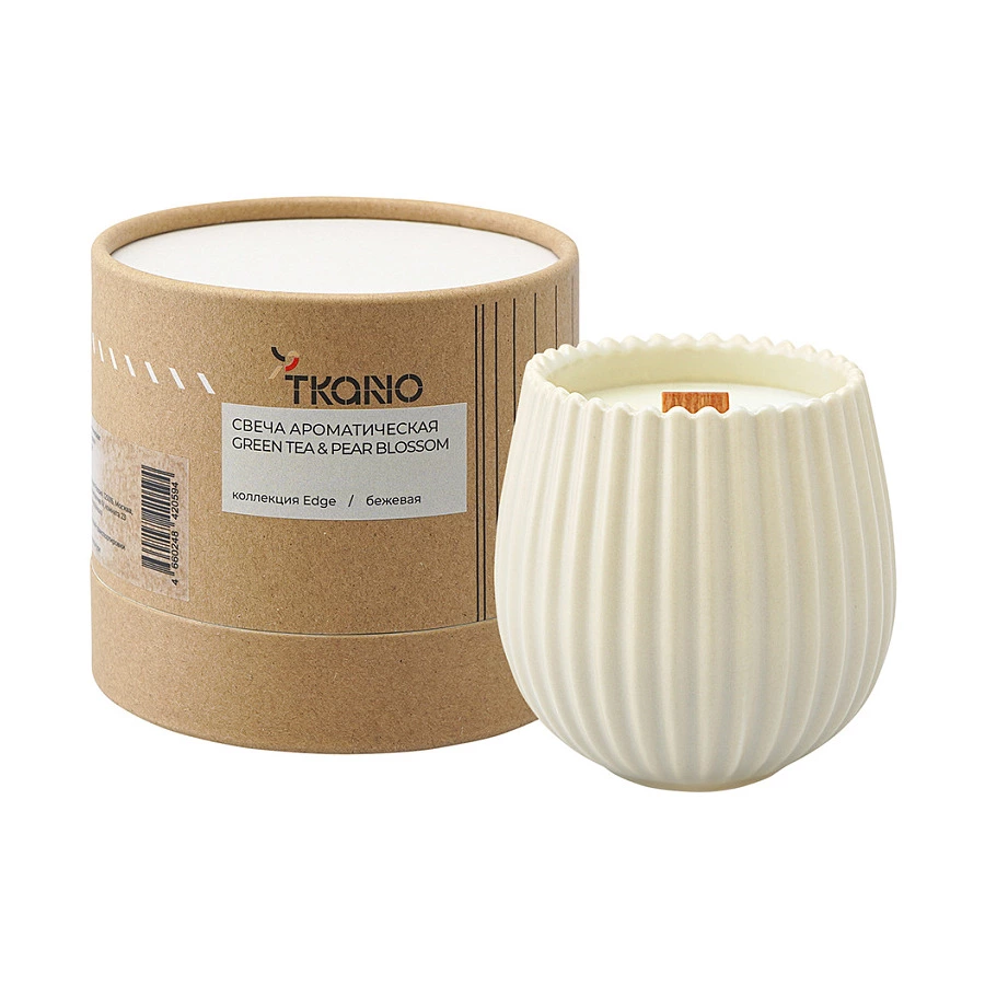 Свеча ароматическая с деревянным фитилем Tkano Edge Green tea & Pear blossom 60 часов, бежевая