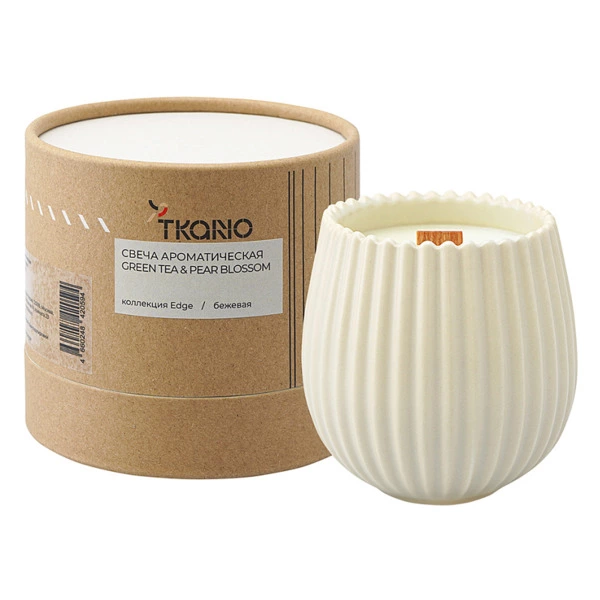 Свеча ароматическая с деревянным фитилем Tkano Edge Green tea & Pear blossom 60 часов, бежевая