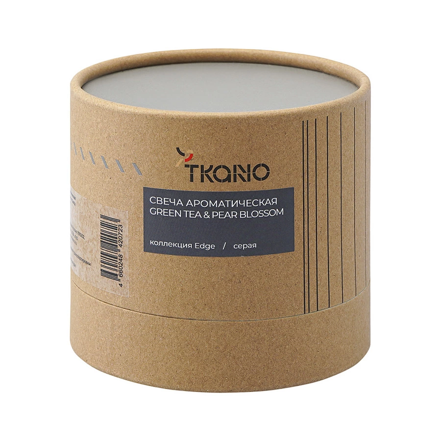 Свеча ароматическая с деревянным фитилем Tkano Edge Green tea & Pear blossom 60 часов, серая