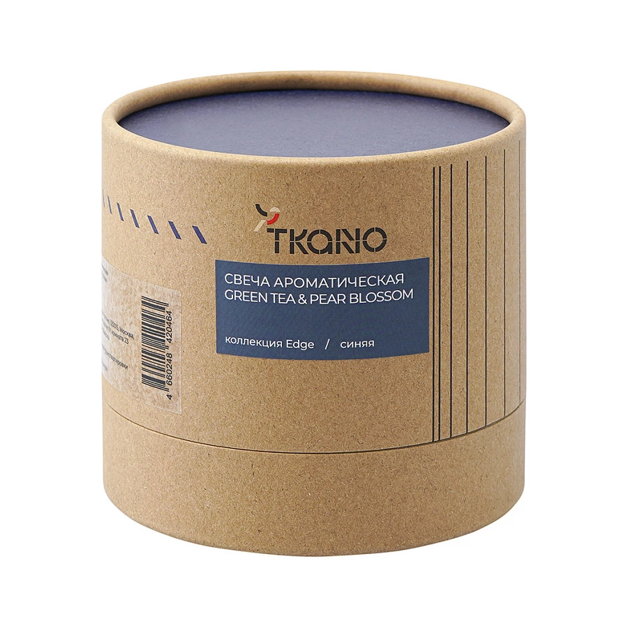 Свеча ароматическая с деревянным фитилем Tkano Edge Green tea & Pear blossom 60 часов, синяя