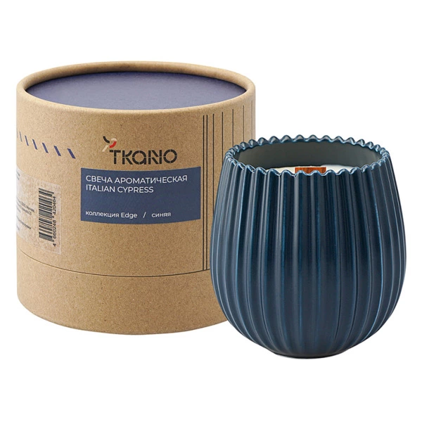 Свеча ароматическая с деревянным фитилём Tkano Edge Italian Cypress, 60 часов, синяя
