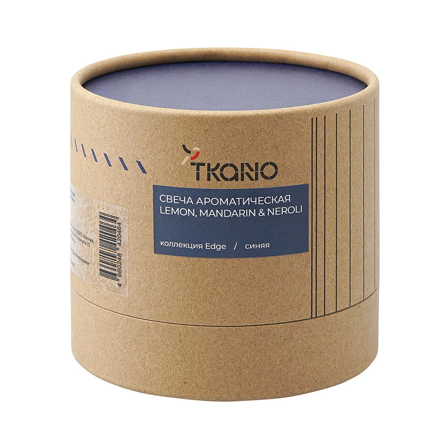 Свеча ароматическая с деревянным фитилём Tkano Edge Lemon, Mandarin & Neroli, 60 часов, синяя