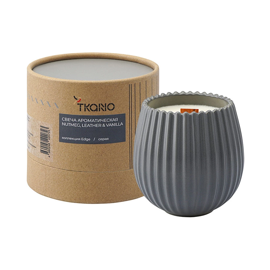 Свеча ароматическая с деревянным фитилём Tkano Edge Nutmeg, Leather & Vanilla, 60 часов, серая
